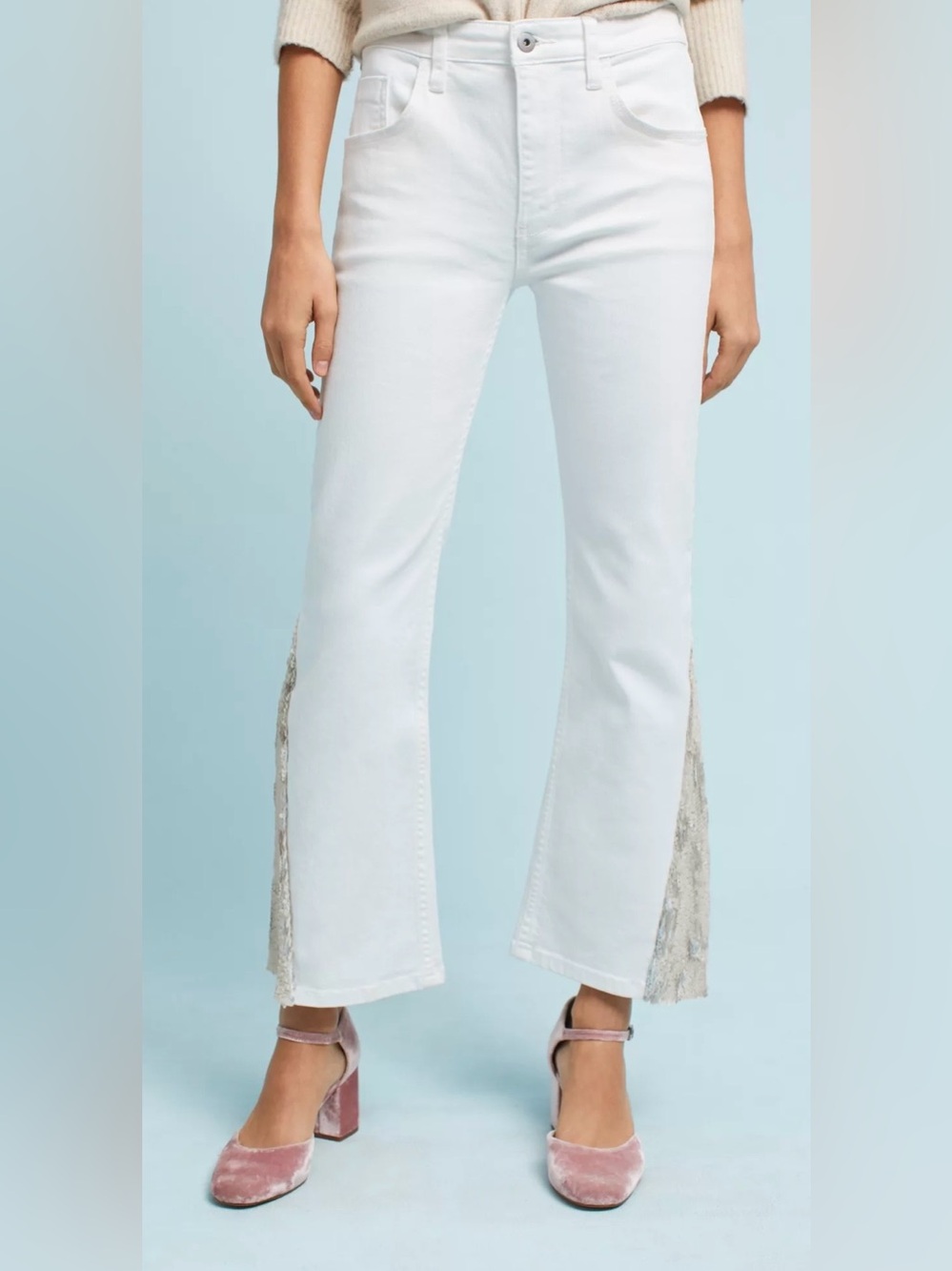 Pilcro High-Rise Flare White Jeans with Side Sequin Inset Sz 28